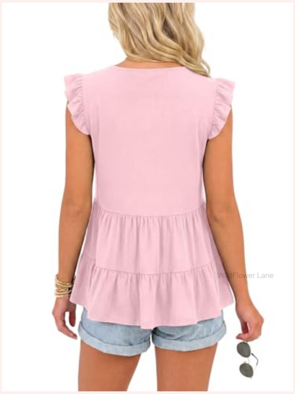 V Neck Sleeveless Ruffle Hem Peplum Babydoll Tank Top Dressy Casual Blouse - Picture 5 of 7